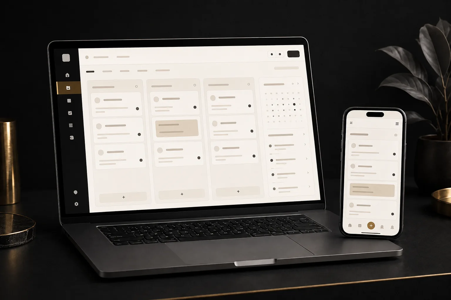 Project management interface on a laptop and smartphone.