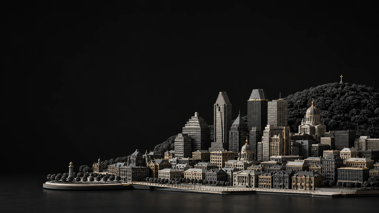 Maquette architecturale inspirée de Montréal, avec le centre-ville et le mont Royal.